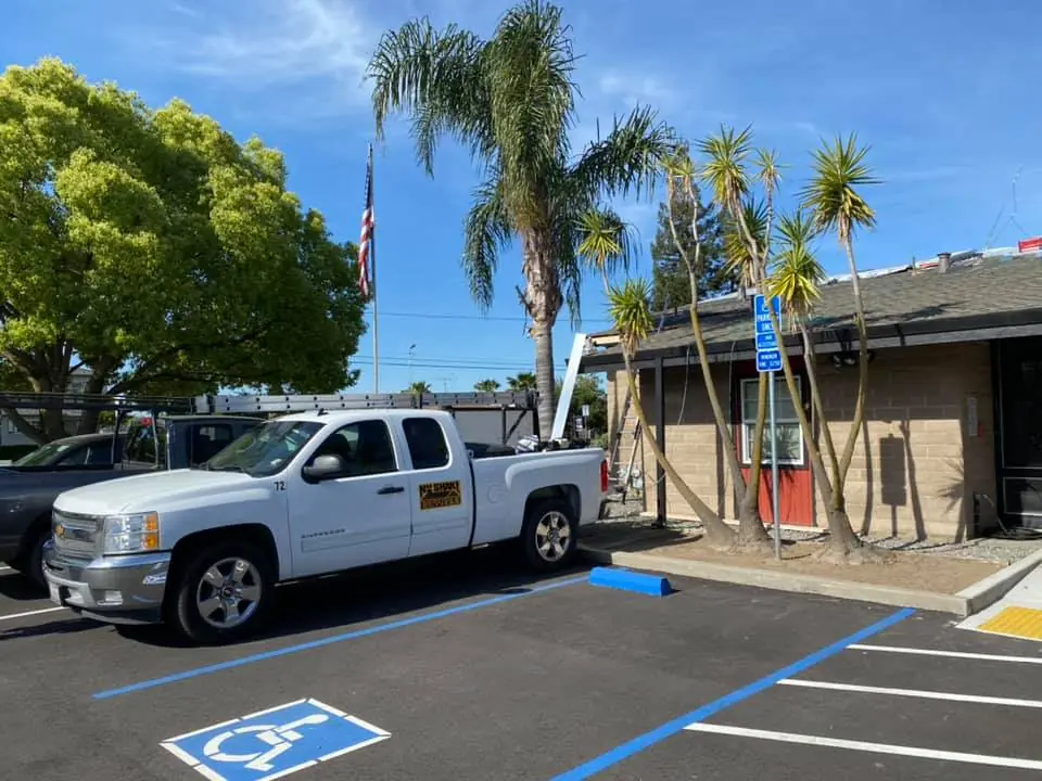 NuShake Roofing crew and truck at the Lathrop-Manteca Fire District Station 33 re-roof