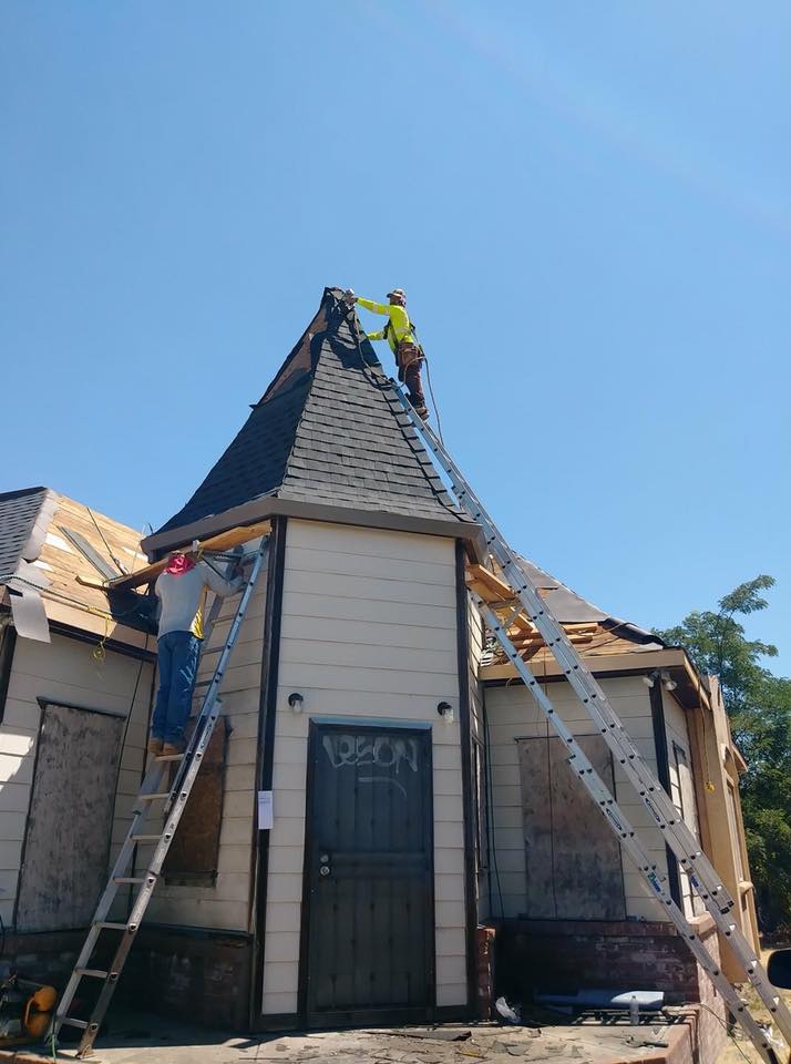 NuShake Roofing steep-pitch roof work on a Stockton, CA home
