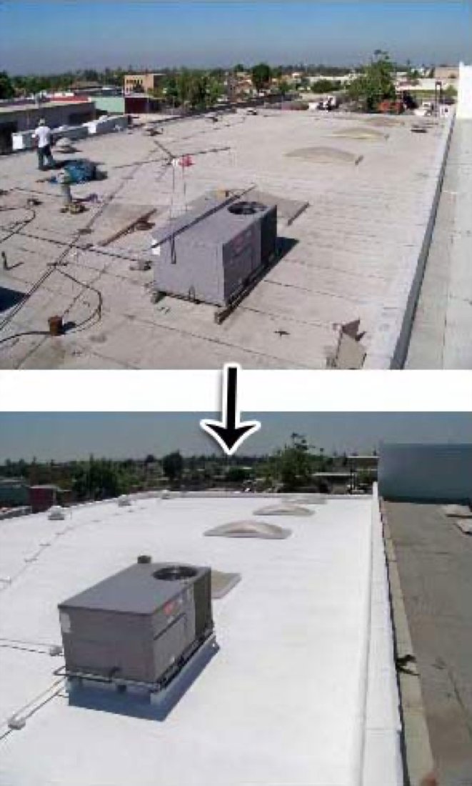 Flat roof coating before and after restoration by NuShake Roofing